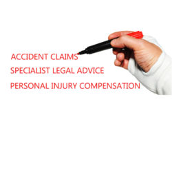 Accident claims specialist legal advice concept with injured hand writing key words